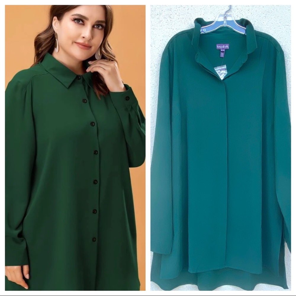LTS Tall Green Longline Shirt tunic blouse button down long sleeve plus size 18